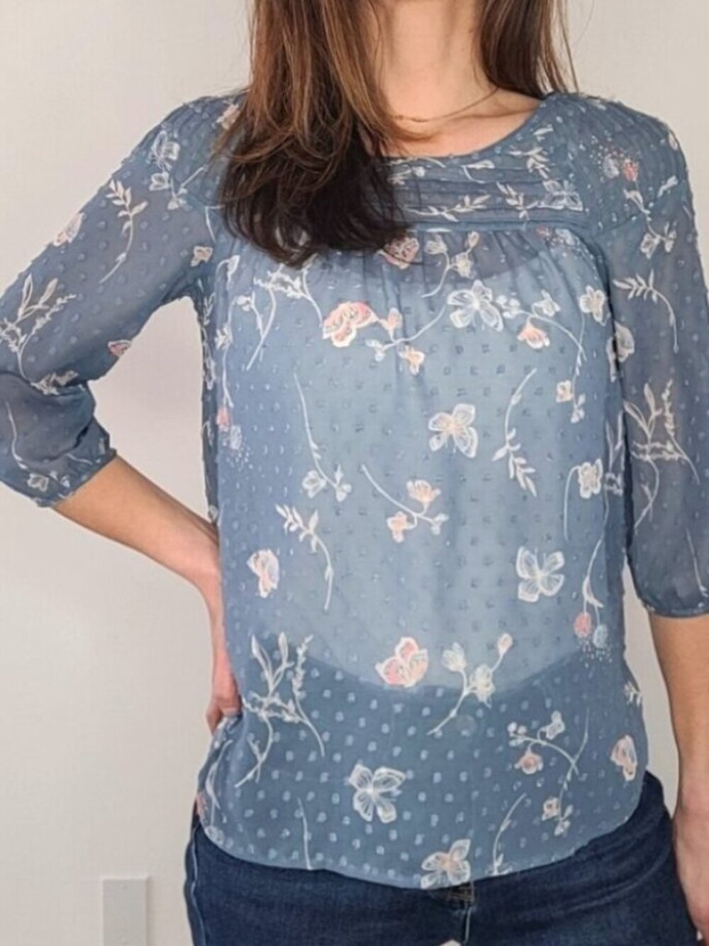 Lauren Conrad Blue Floral Swiss Dot 3/4 Sleeve Blouse Size XS